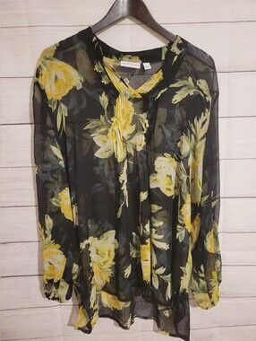 Susan Graver Size XL Black and Yellow, Light Green Floral Blouse